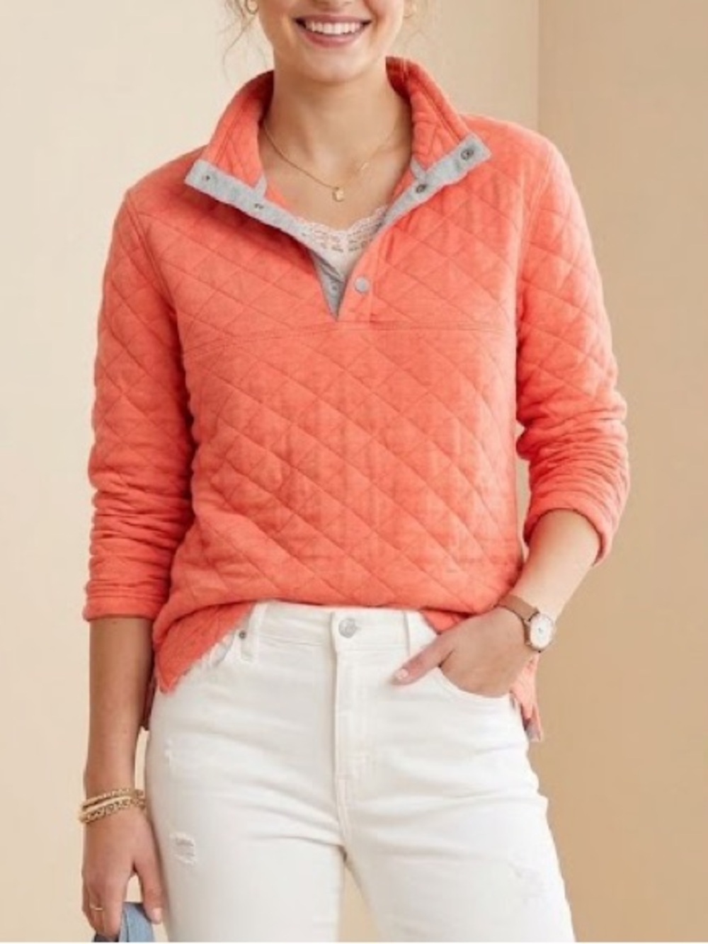 Lauren James Preptec Quilted Coral Pullover in Small